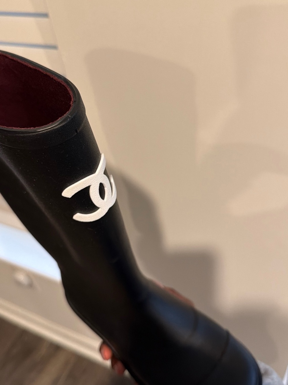 CHANEL Black Over-the-Knee Boot with White CC Emblem